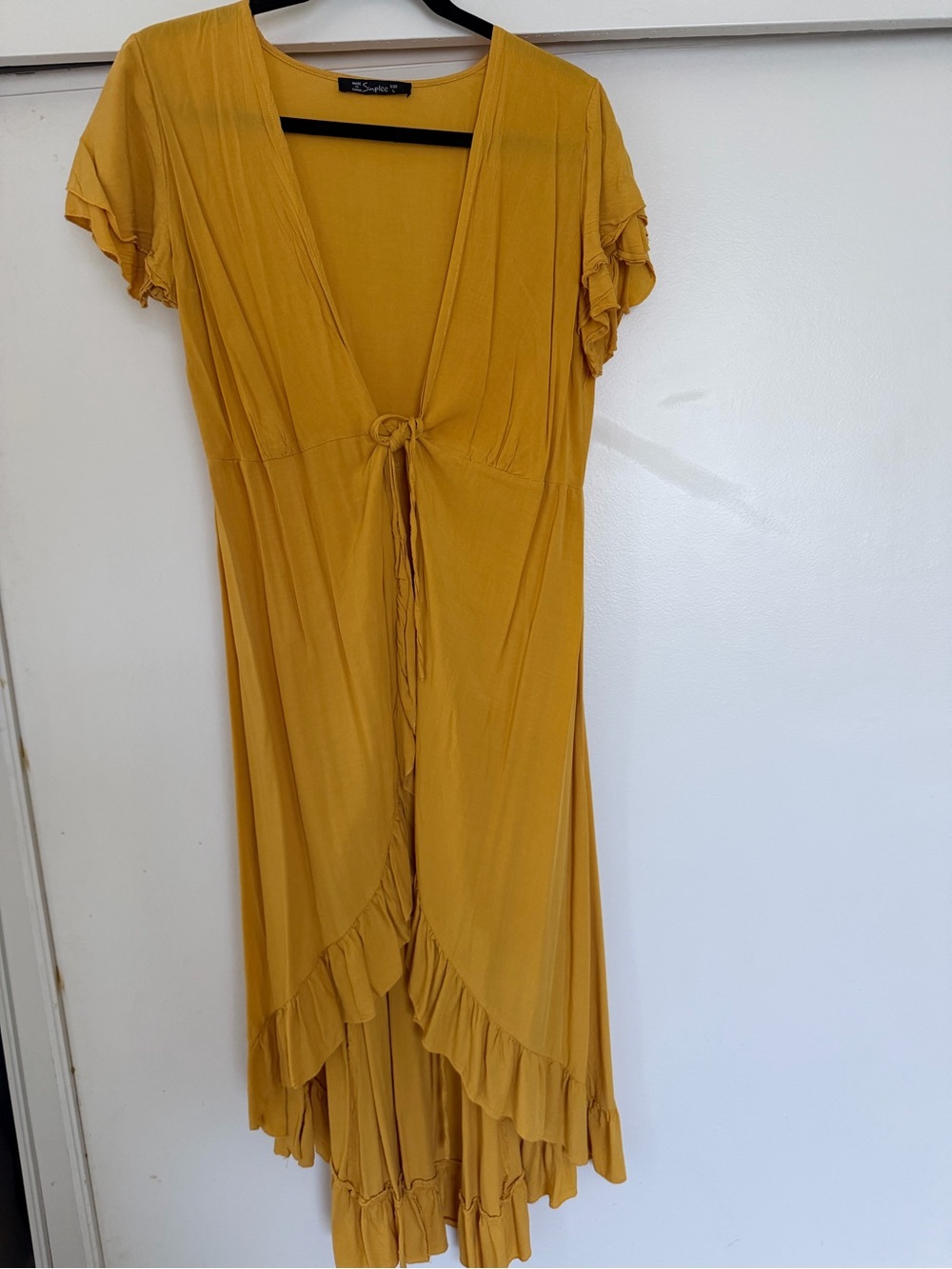 Simplee Apparel Mustard Ruffle High-Low V-Neck Dress